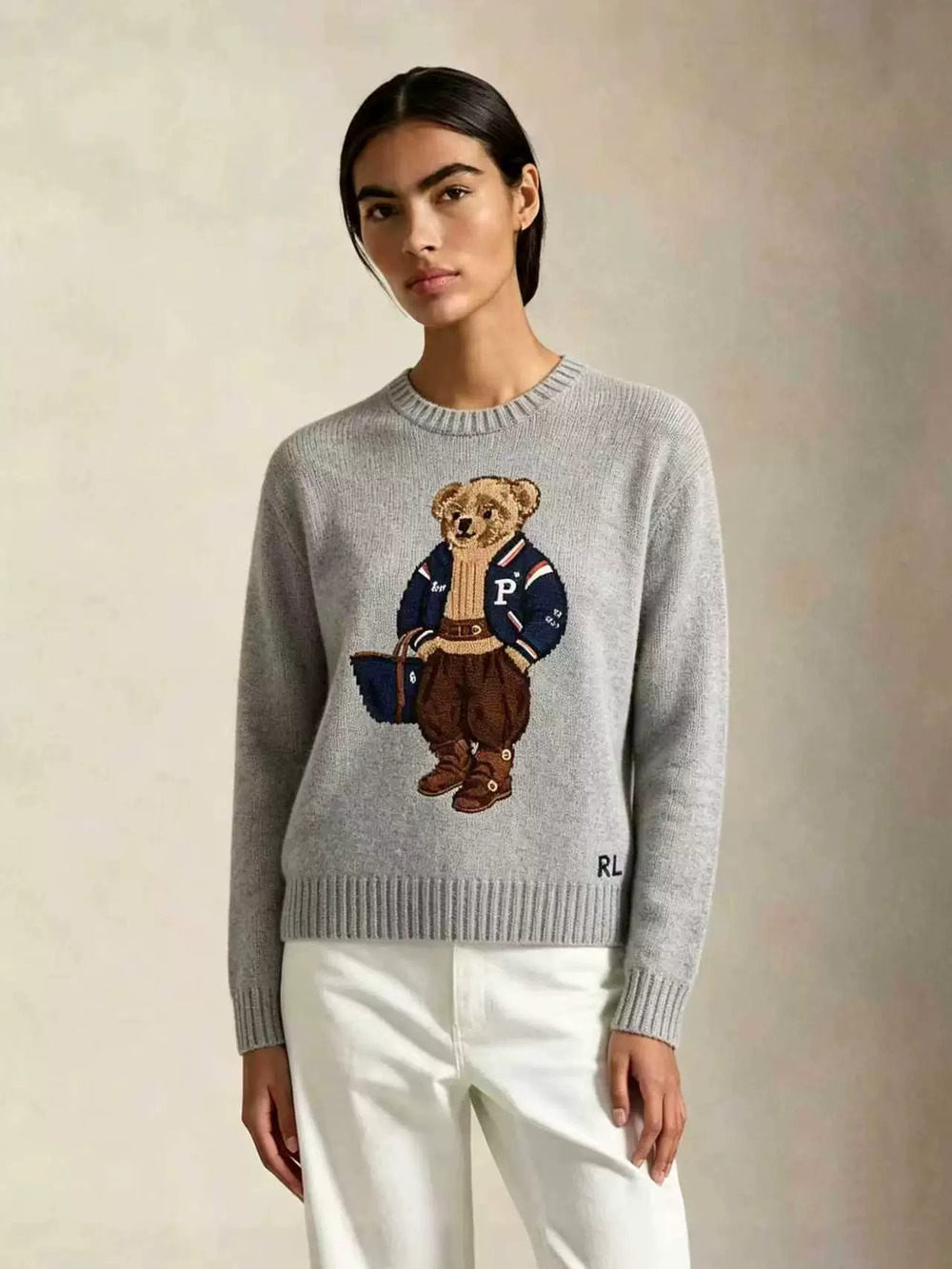 Zara Fall Winter Crew Neck Preppy Casual Bear Embroidery Knit Sweater